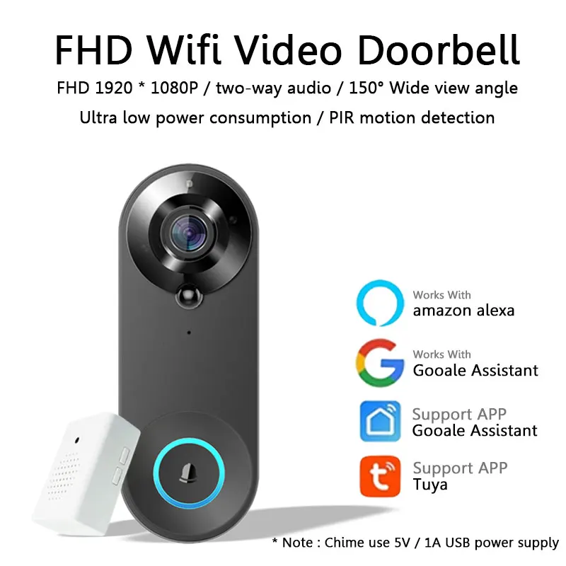 

Беспроводной Визуальный дверной глазок Tuya, камера для дверного звонка, цифровой глазок, 1080P HD, датчик движения PIR, ночное видение, без перфорации