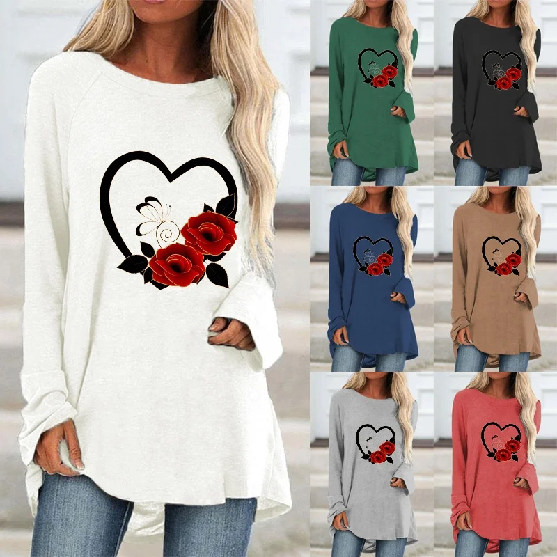

Autumn Women Fashion Casual Heart Printed Round Neck Long Sleeved Shirts & Tops Loose Ladies Graphic T-shirt Blouse Plus Size