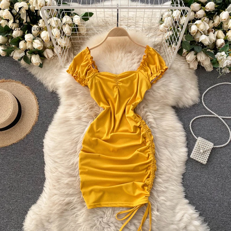 

YuooMuoo Hot Summer Dress 2021 Sexy Package Hips Bodycon Dress Women White Black Ruched Mini Club Party Dress Vestidos