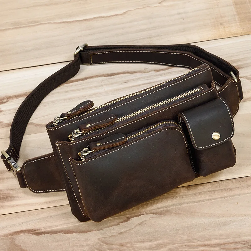 Men's leather waist bag, retro cowhide chest bag, multi-function casual crossbody bag, three-layer waist bag, cash register mobi