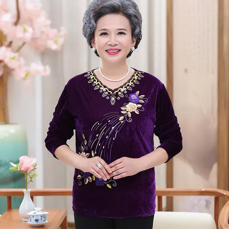 Женская бархатная блузка для пожилых женщин золотистая с длинным рукавом и