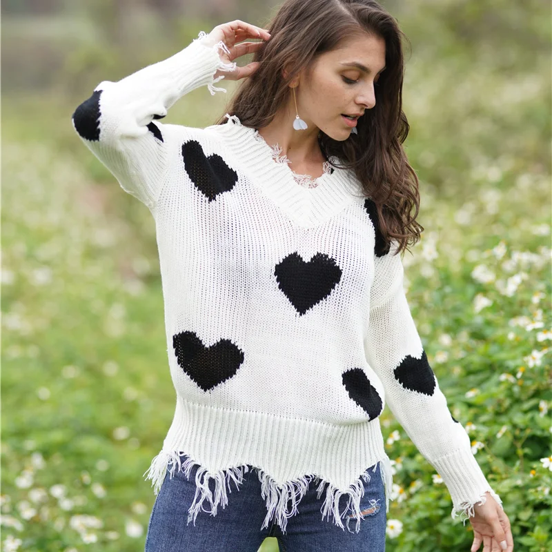 Женский свитер с v-образным вырезом и длинным рукавом сердечком дышащий топ на