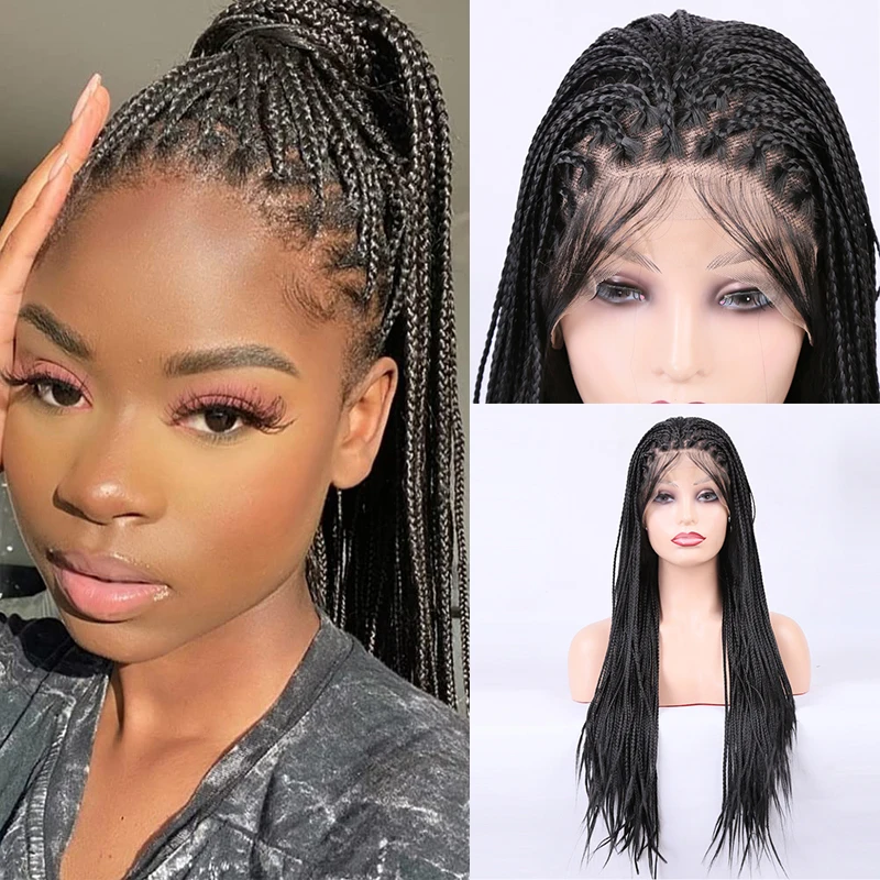 

Glueless 24 inch Box Braided Wigs Lace Front Black Synthetic Braids Wig For Black Women With Baby Hair Natural Looking