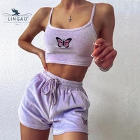 2021 summer purple velvet crop top and shorts womens 2 pieces set butterfly embroidery drawstring shorts female loungewear suit