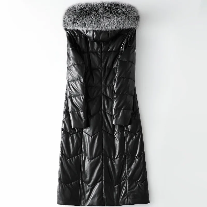 Winter Fashion 2020 Fox Fur Collar Hooded Sheepskin Leather Down Jacket Women's Long Genuine Leather Coat Thick Warm Outwear