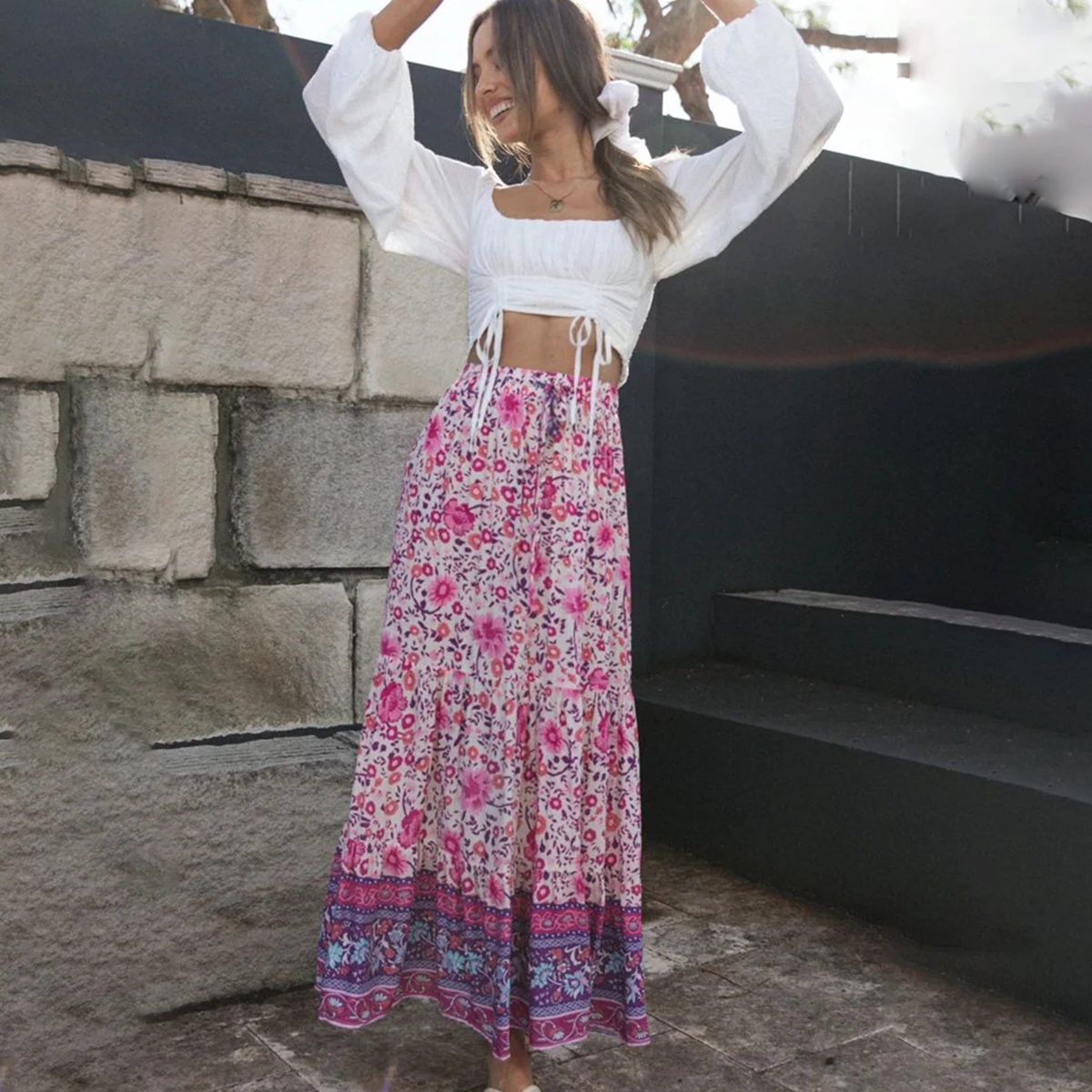 

Jastie Violet Floral Printed Boho Maxi Skirt Summer 2020 Women Clothing Elastic Waist Casual Beach Long Skirt mujer faldas