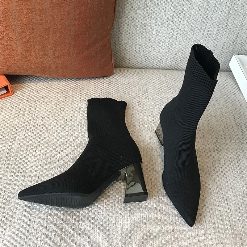 Stretch Boots Women Winter Heels Shoes Pointed Toe Ankle Women's Sock Booties With Pewter Chucky Heel Foldable Style 2020 | Обувь