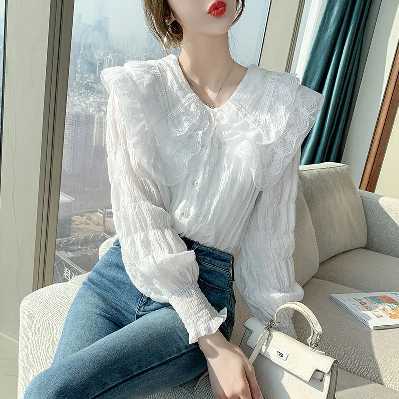 

French Sweet and Western Style Ruffled Blouse Early Autumn 2021 New Korean Version of The White Long-sleeved French Retro Shirt