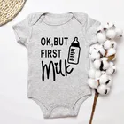 Детский комбинезон Ok But First, для новорожденных, с коротким рукавом, с надписью, для мальчиков и девочек, для ползания 0-24 месяцев