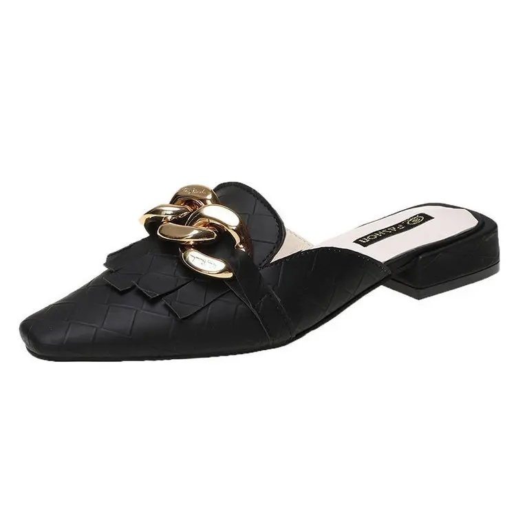 

Shoes Low Womens Slippers Outdoor Cover Toe Rivet Female Mule Pantofle Shallow Big Size Slides Square Mules 2021 Soft Hoof Heels