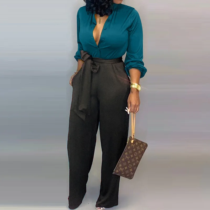 

Женский офисный комплект из 2 предметов, Повседневная Блузка с воротником-стойкой на пуговицах и свободные брюки, 2020