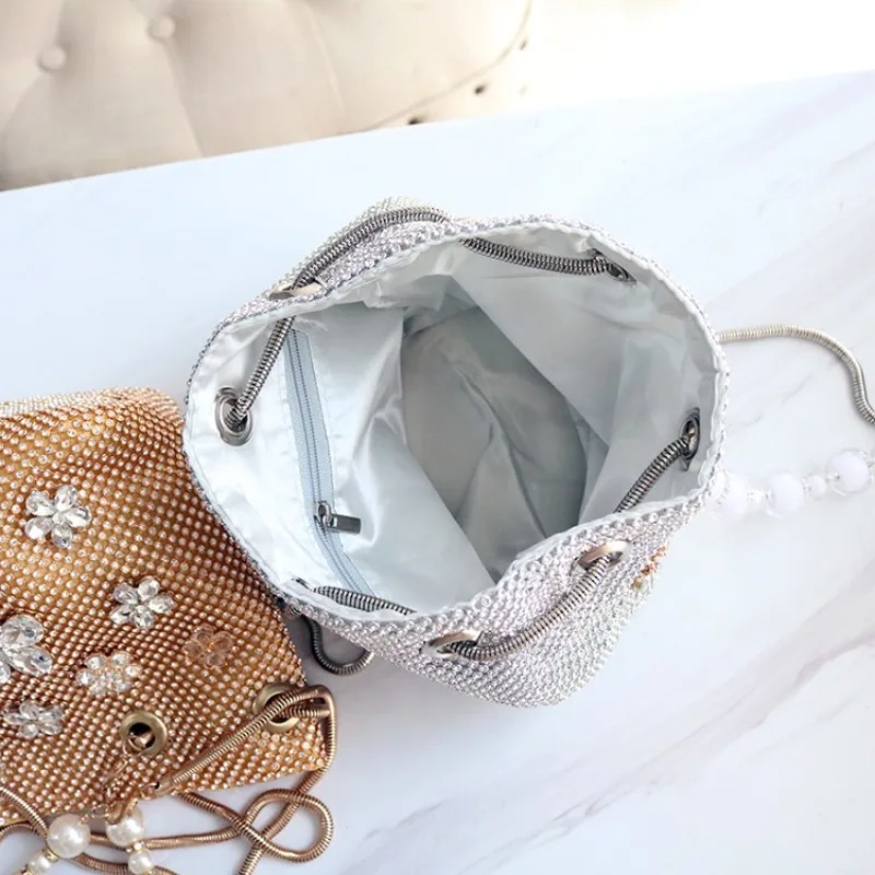 

Fashion Ladies Small Diamonds Bucket Bag Crystal Flowers Beading Evening Bags Women Shiny Mini Chain Slung Shoulder Bag Handbag