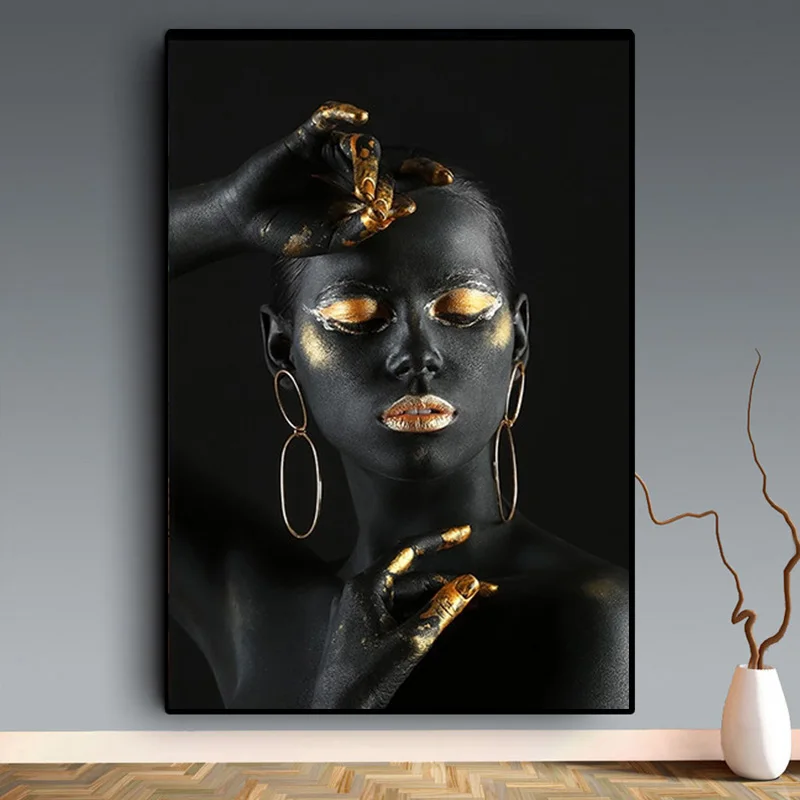 

Black Nude African Woman with Golden Finger and Lips Canvas Painting on The Wall Makeup Woman Wall Art Pictures for Home Decor