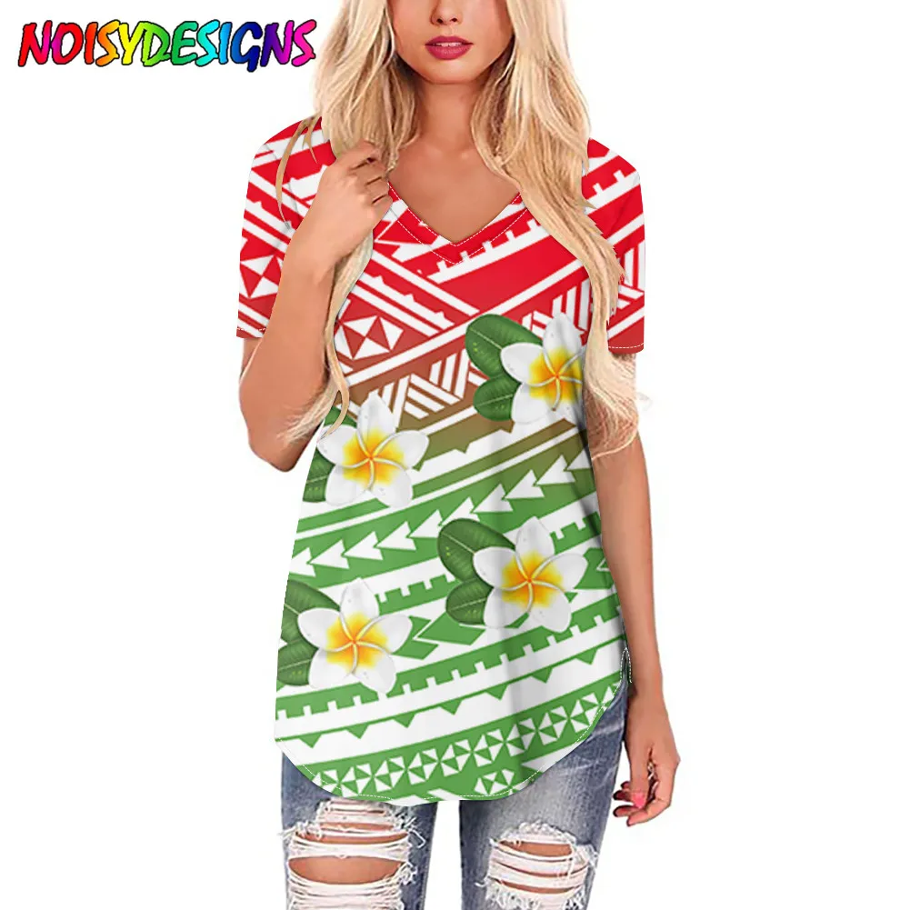 

NOISYDESIGNS T-Shirt Gradient Polynesian Plumeria Tribal Prints T Shirt Short Sleeve Women Tshirt V Neck Ladies Tee Shirt New