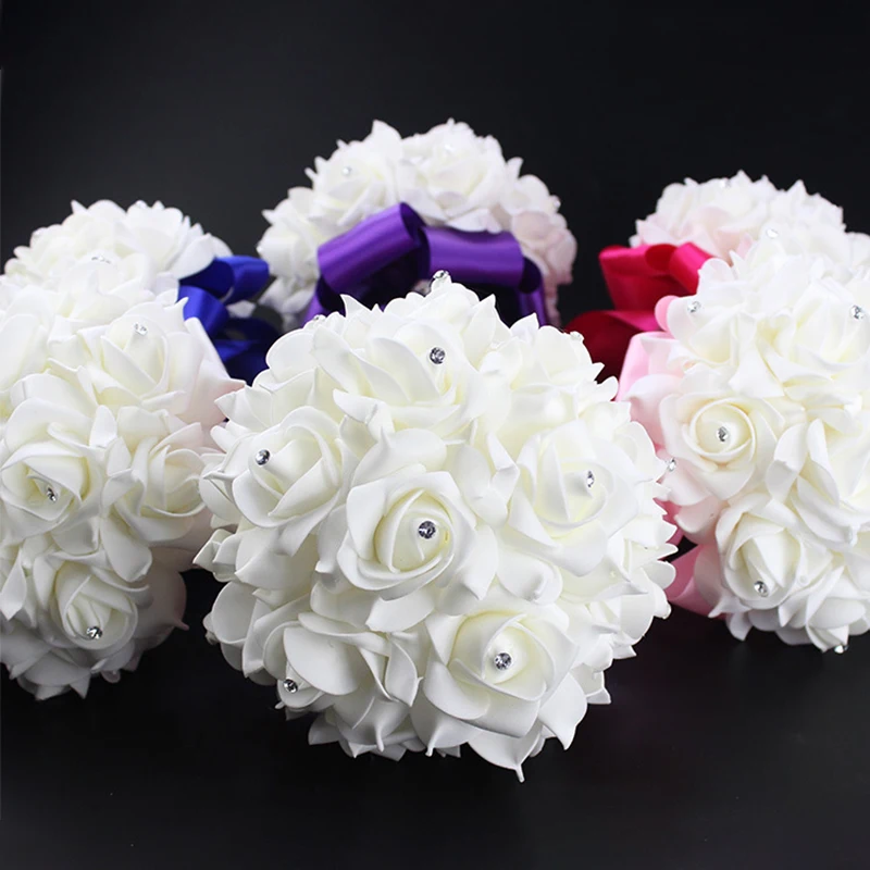 Свадебный букет искусственные шелковые розы для подружки невесты с кристаллами