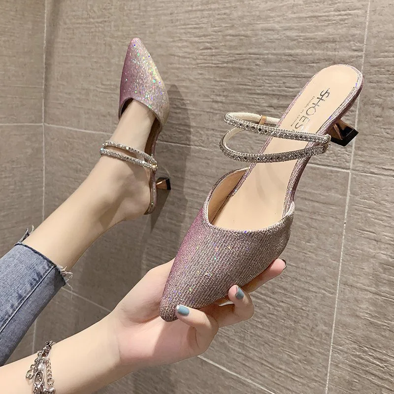 

Shoes Woman 2021 Female Slippers Luxury Slides Thin Heels Med Pointed Toe New Designer Soft Fashion PU Cotton Fabric Slippers Ca
