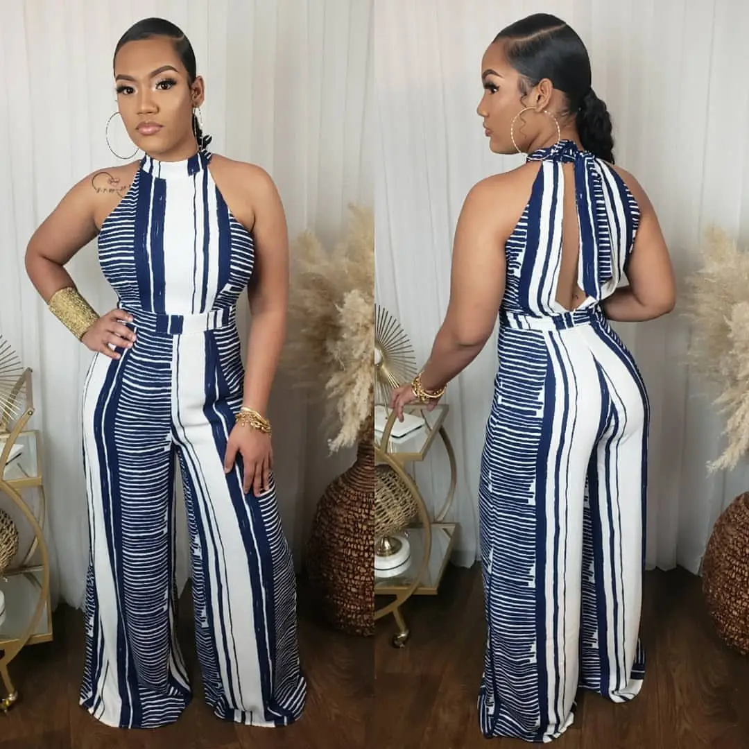 

Женский модный комбинезон в европейском и американском стиле, брюки с воротником хомутиком и вертикальными полосками
