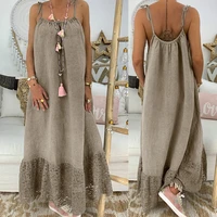 spaghetti strap sleeveless summer dress for women cotton lace open back plus size loose long grey maxi beach casual dresses
