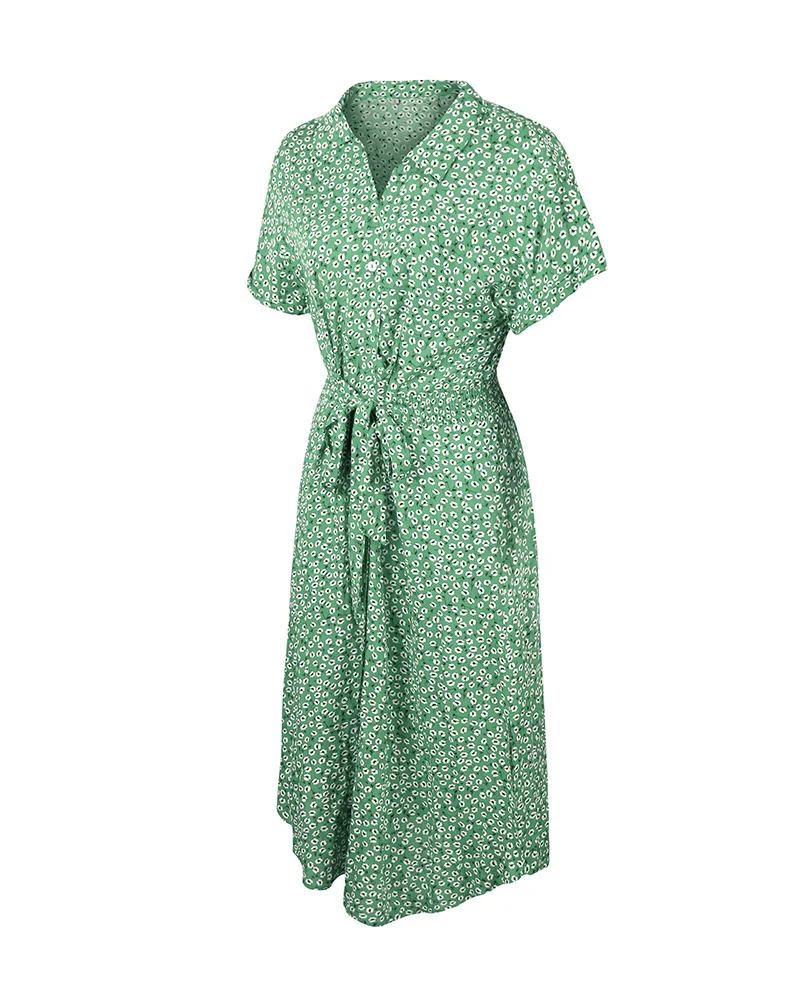 

New Bandage V-Neck Tie up Dress Women Party Holiday Style Casual Short Sleeve Button Floral Print Summer women's dress 2021