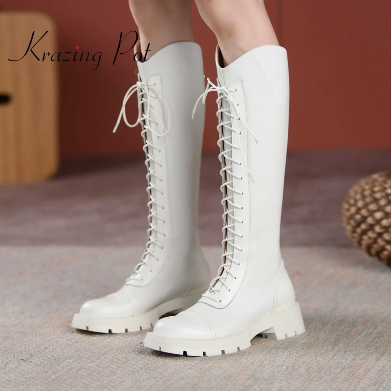 

krazing pot limited customization plus size genuine leather round toe med heel Motorcycle boots cross-tied thigh high boots L11