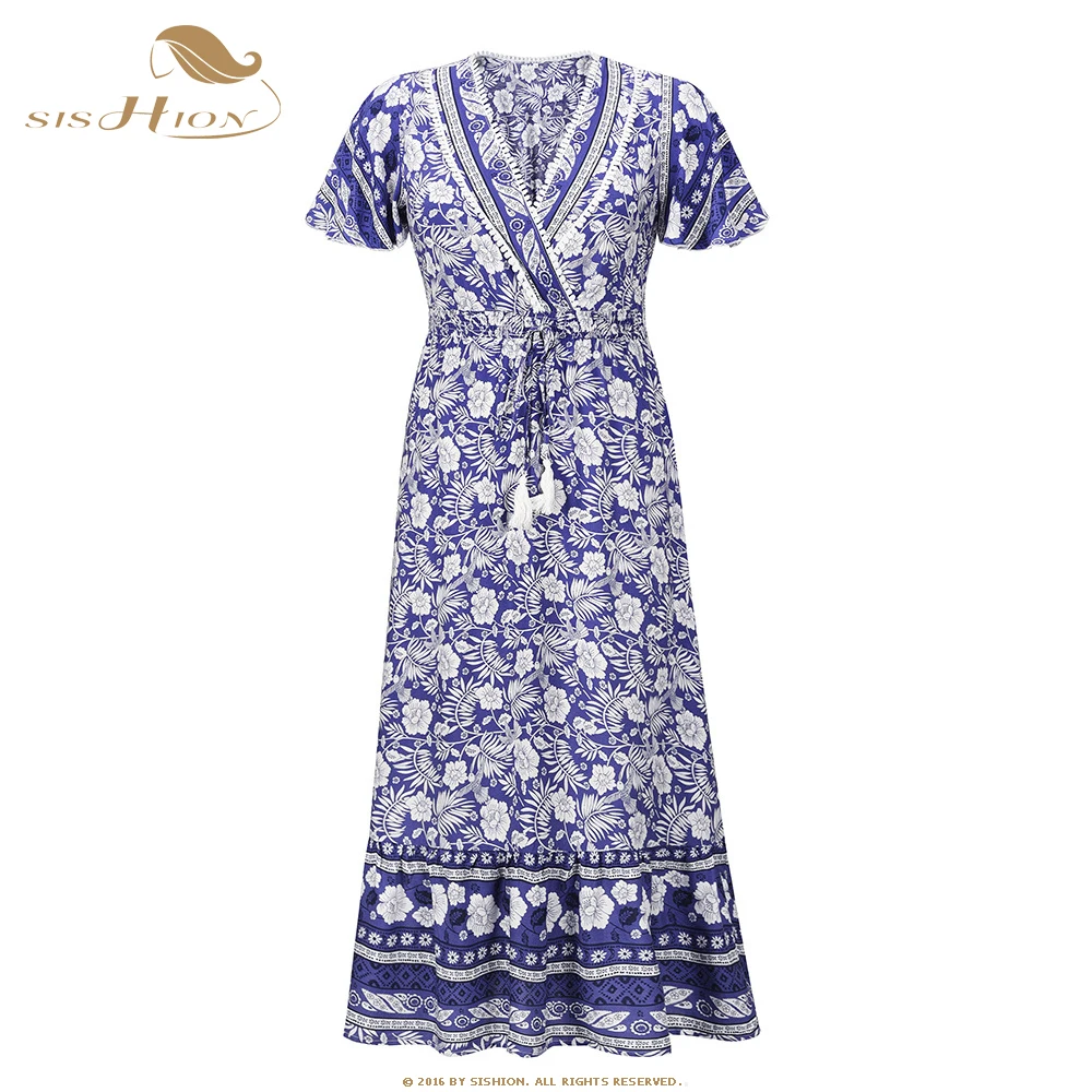 

SISHION 2022 Fashion Floral Print Summer Dress VD2757 Butterfly Sleeve with Drawstring Waist Casual Beach Midi Dresses