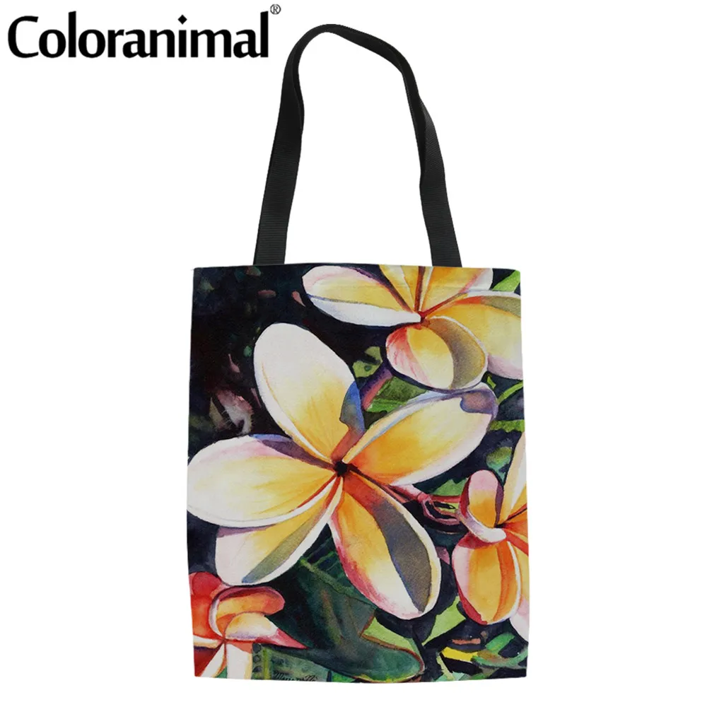 

Coloranimal 2020 Hot Sale Canvas Shopper Bag Plumeria Kauai Hawaii Painting Art Print Women Tote Linen Bag Shopping Grocery Bag