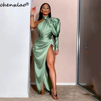 green fashion one shouldr evening dress mermaid long sexy side split prom party gowns halter neck celebrity dresses