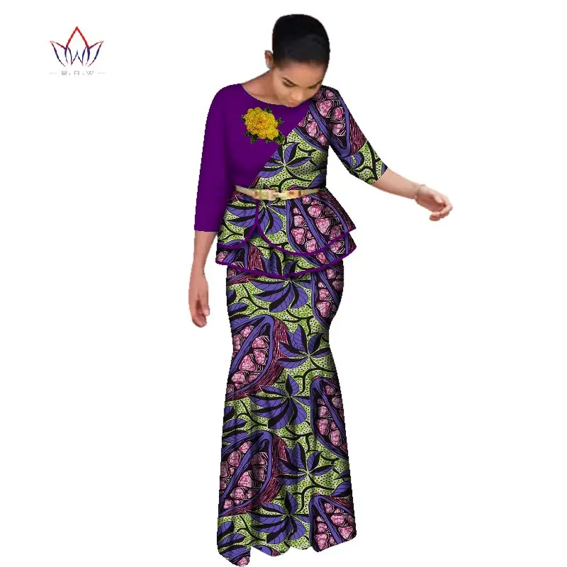 BRW Rose Embroidery Traditional African Skirt Set for Women Dashiki Free Headscarf African Clothes Elegant Party Dress WY2642