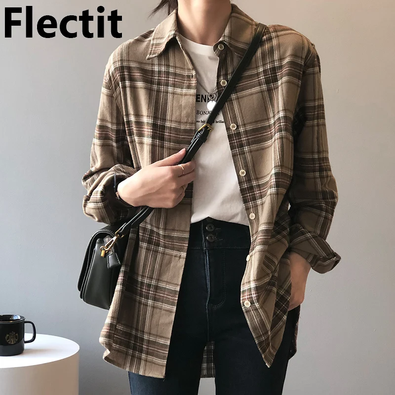 Женская фланелевая рубашка в клетку с длинным рукавом на пуговицах | одежда