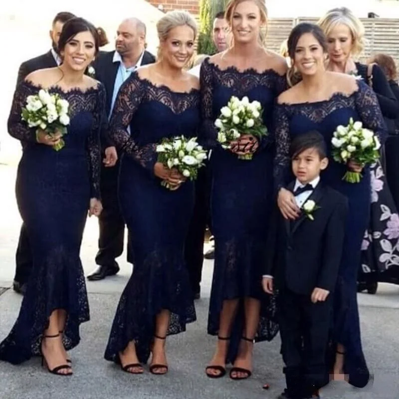 

2020 темно-синие платья подружки невесты с юбкой-годе для свадьбы с открытыми плечами кружевные аппликации строгие платья подружки невесты