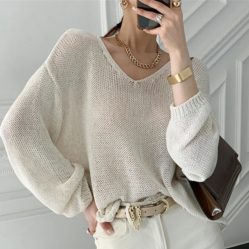 Sister Fara New Spring 2021 V-Neck Knitted Sweater Women Oversize Pullovers Cutout Jumpers Female Solid All-Match Tops | Женская одежда
