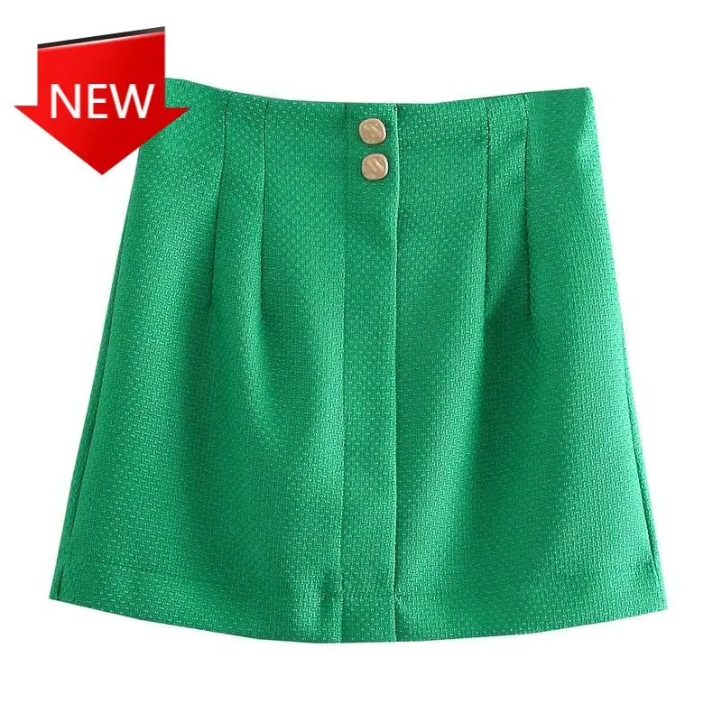 

Look With Buttons Green Mini Skirt Vintage High Waist Side Zipper Female Skirts Mujer 2022 Women Chic Fashion Braided