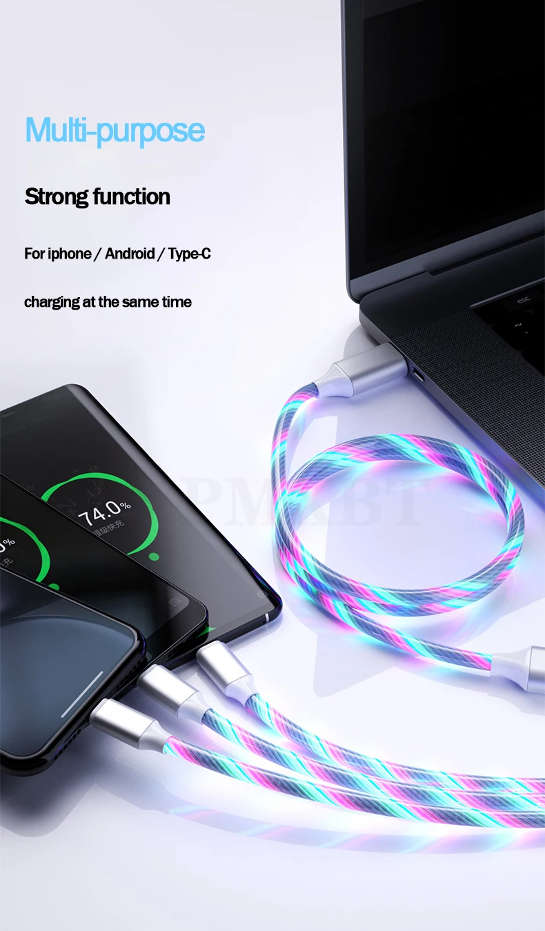 3 в 1 мобильный телефон USB кабель для iPhone Micro usb type C зарядный кабель для Xiaomi samsung Быстрая зарядка светодиодный плавный свет