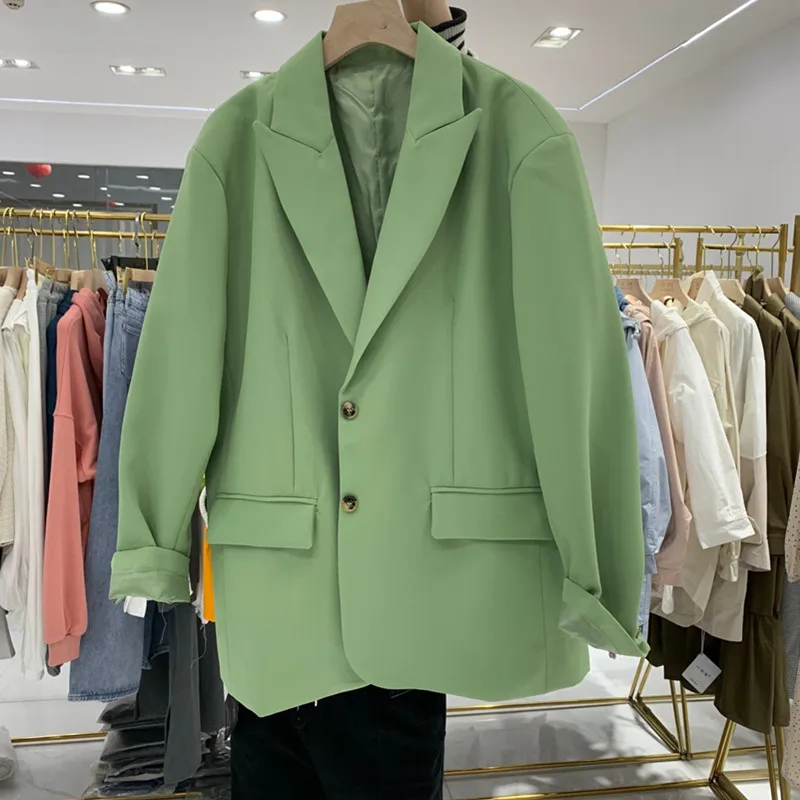 

2021 Spring Notched Single-breasted Full Loose Green Suit Fashion Autumn Pocket Coat High Quality Office Lady Blazer