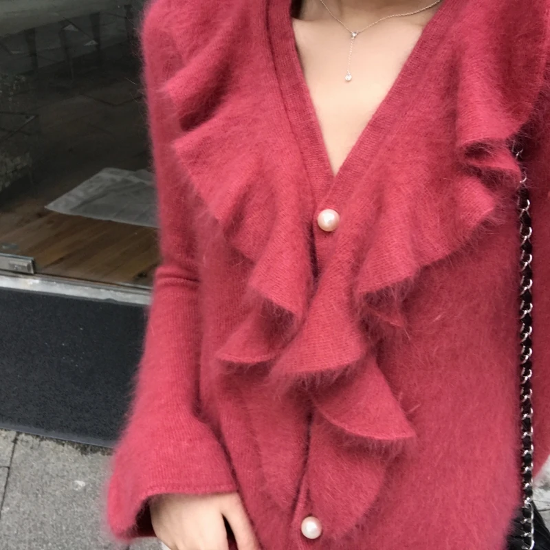 

GetSpring Women Sweater Long Sleeve V Neck Ruffles Pearl Button Sweater Fashion Bottom Pullovers Loose Women Tops Autumn Winter