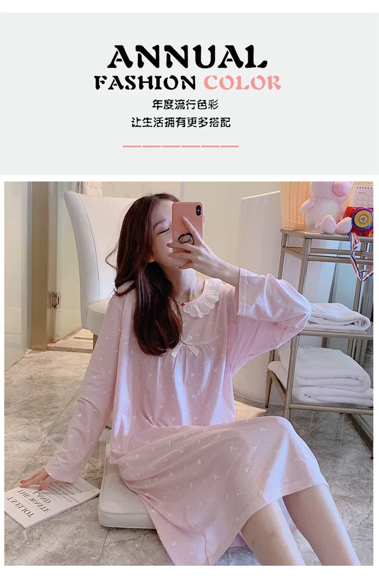 Spring Autumn Casual Plaid Cotton Nightgowns for Women Long Sleeve Loose Night Dress Home Dress Sleepwear Nightdress Nighty