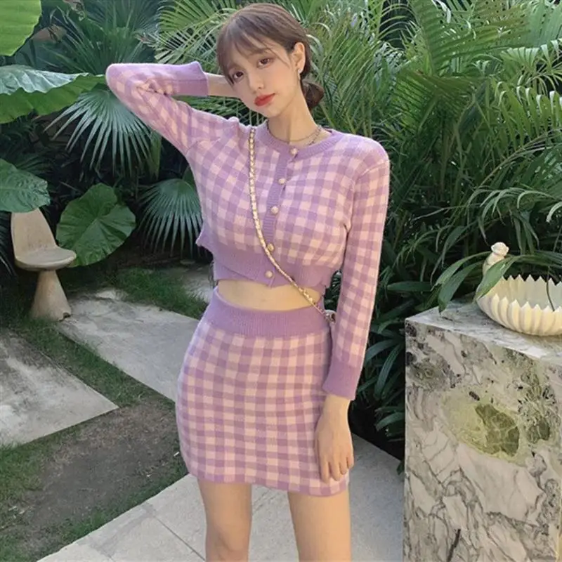 

Three-Piece Women'S New Plaid Sweater Suit Single-Breasted Long-Sleeved Loose Sweater Coat Knitted Suspender Top +Skirt Outfits