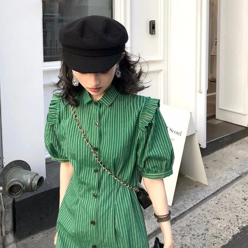 

Single Breasted Outfit Puff Sleeve Retro High Waist Mini Dress Women's Green Striped Shirt Dress women vintage dresses