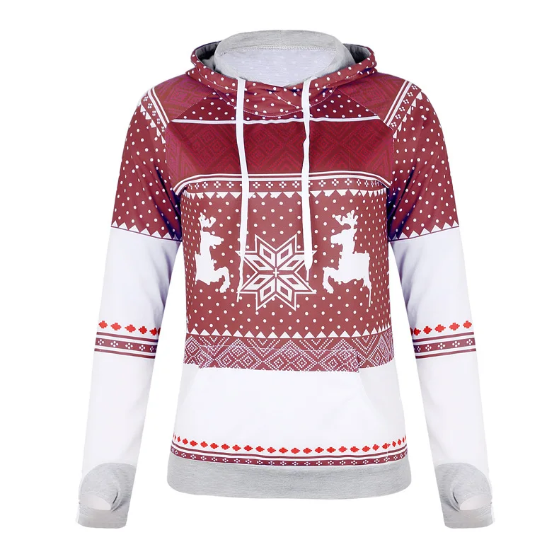 

Christmas Pattern Print Finger Pocket Hoodies Ladies Casual Thin Slim Hoodies Women Snowflake Elk Printed Zipper Sweatshirt Tops