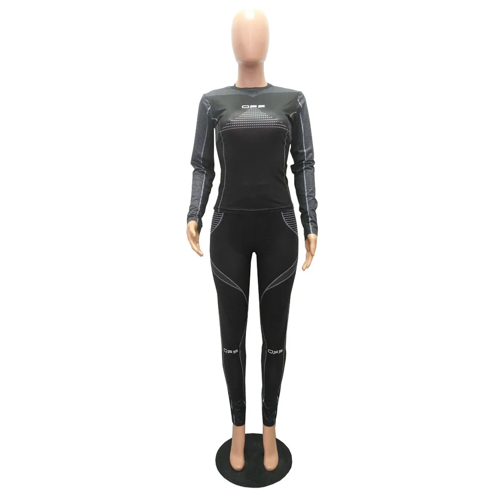

2021 Women Fitness Two Piece Set Sporty Sweatsuit Letter Print Long Sleeve Tops Tees and Skinny Pant Legging Active Wear Outfits