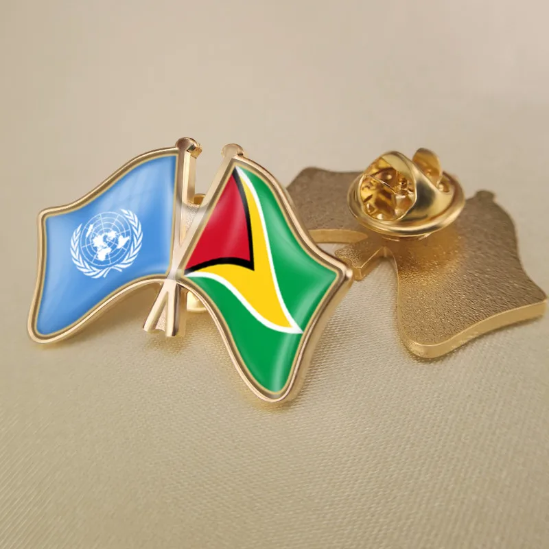 

United Nations and Guyana Crossed Double Friendship Flags Brooch Badges Lapel Pins