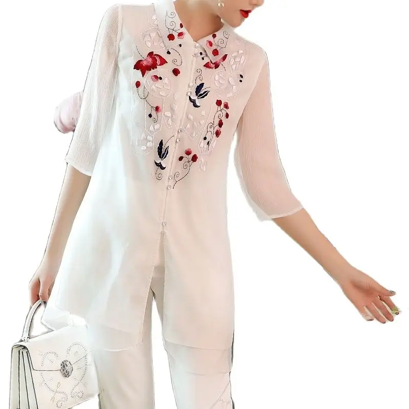 

Chinese Style Summer Retro Blouses and Shirts Women Embroidered Cheongsam New Turn Down Collar Floral Half Sleeve Blouse and Top
