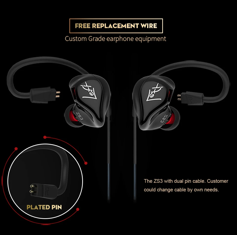 KZ ZS3 1DD эргономичный съемный кабель наушники в ухо аудио мониторы шумоизоляция HiFi музыка спортивные наушники с микрофоном