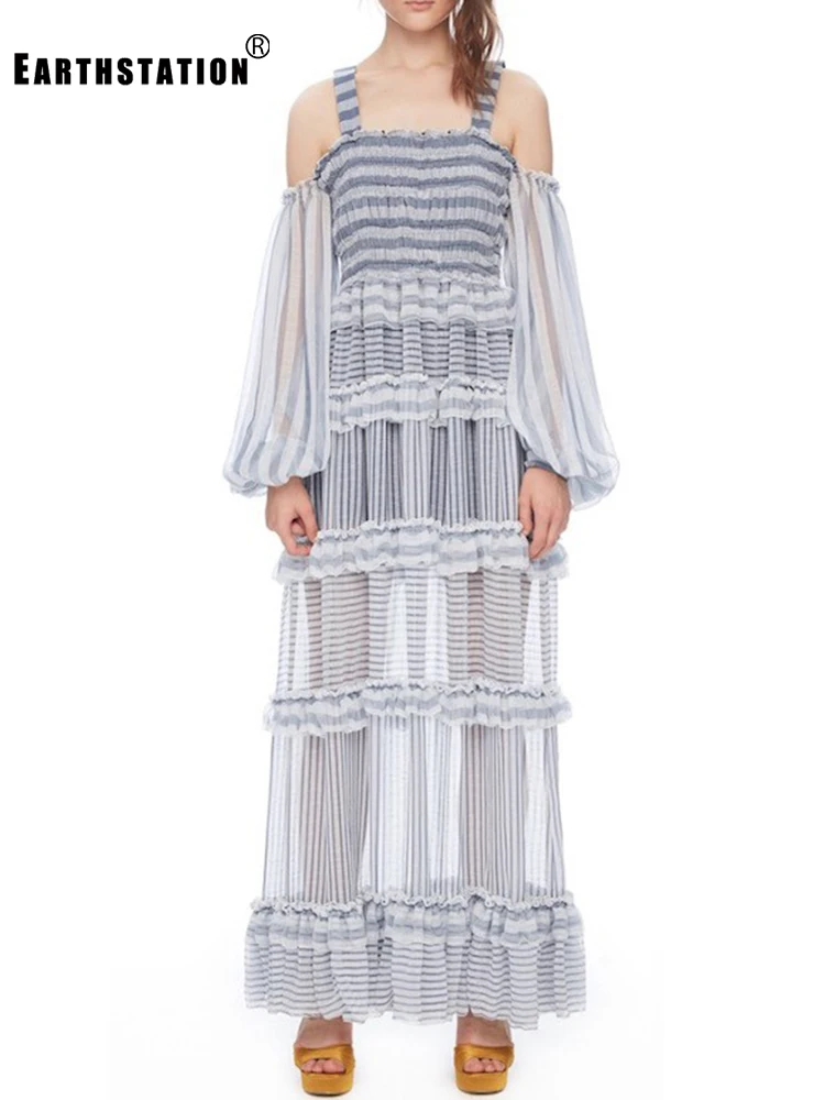 Женское платье с рукавами фонариками летнее многослойное на бретельках оборками