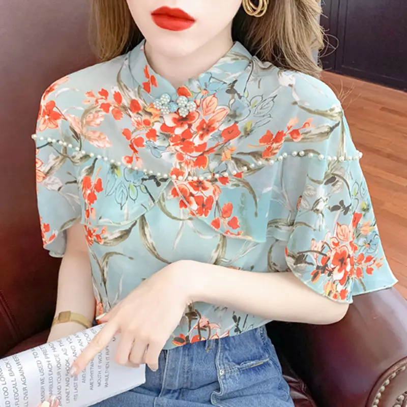

Blouse Flower short-sleeved chiffon shirt women summer 2021 new lotus leaf heavy craft fashion beaded small shirt women Tops