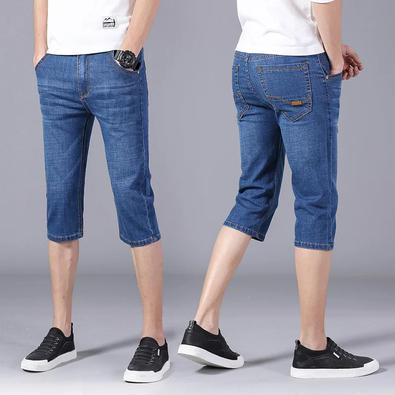 Summer thin denim shorts men's elastic loose straight 5-point breeches 7-point fashion brand breathable jeans pants