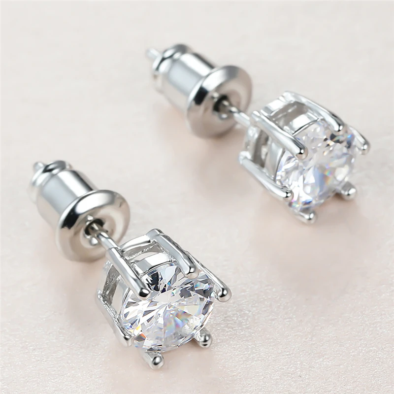 

Cute Female 6MM White Crystal Stone Earrings Charm Silver Color Stud Earrings Luxury Round Zircon Wedding Earrings For Women