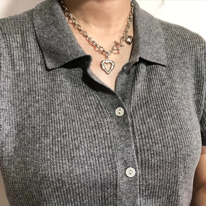 Kpop винтажное металлическое серебряное ожерелье с черной любовью Женская цепочка