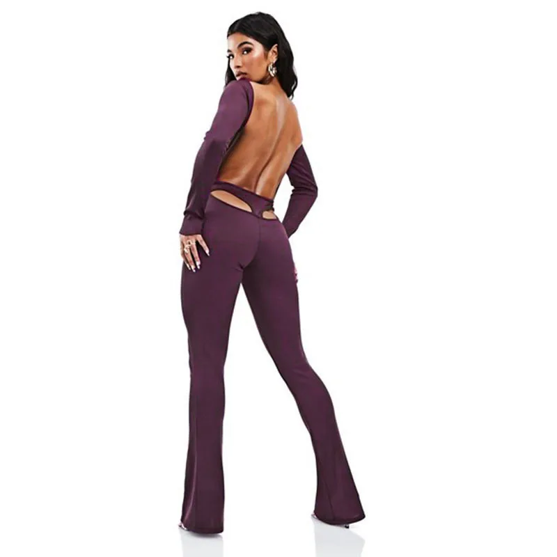 2021 Spring Woman Sexy Tights Jumpsuit Round Neck Pullover Bodycon Backless Bodysuit Slim Outfit  Rompers Long Pants Jumpsuits