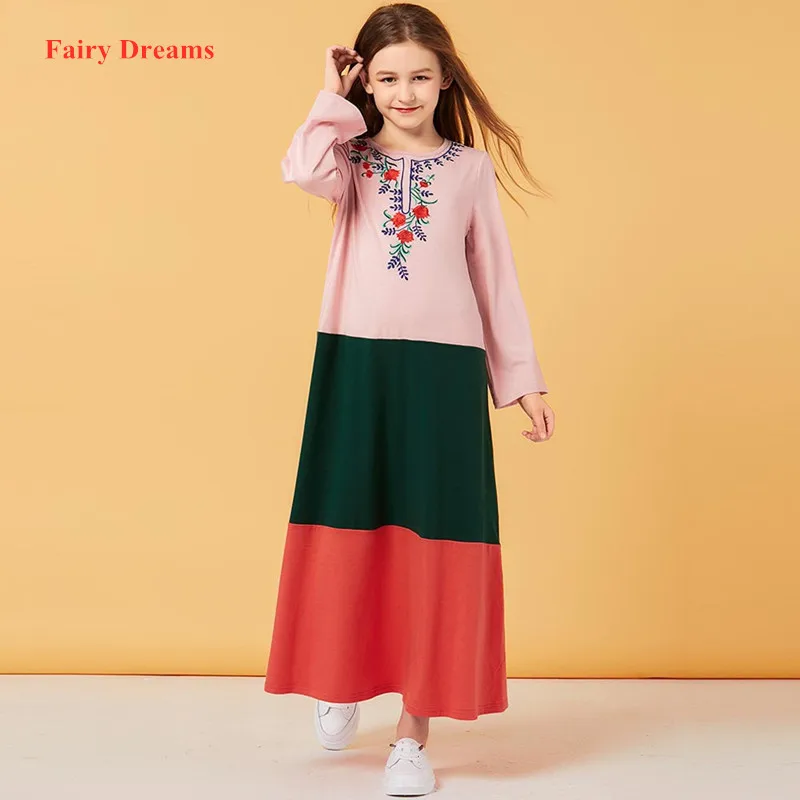 Женское розовое мусульманское платье Цветочная Абая для детей Женский кафтан